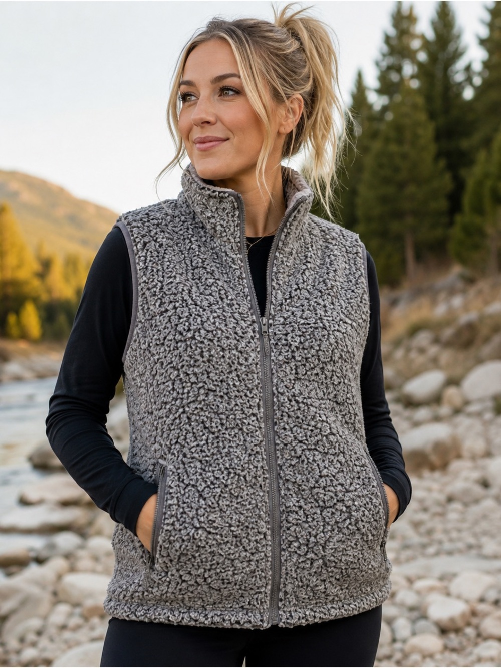 Thread + Supply Sherpa Fleece Vest Charcoal Gray Full Zip Outdoor Size Medium